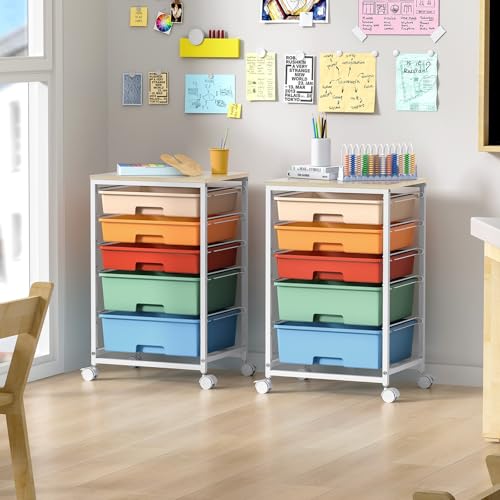 SYKIARIOL Utility Cart with 5 Drawers,Storage Cart with Wooden Tabletop and Lockable Wheels,Craft Storage Trolley Organizer,5-Tier Rolling Utility on Wheels,Macaron - color: Macaron