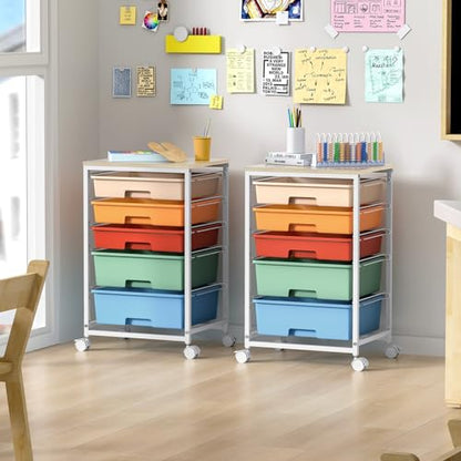 SYKIARIOL Utility Cart with 5 Drawers,Storage Cart with Wooden Tabletop and Lockable Wheels,Craft Storage Trolley Organizer,5-Tier Rolling Utility on Wheels,Macaron - color: Macaron