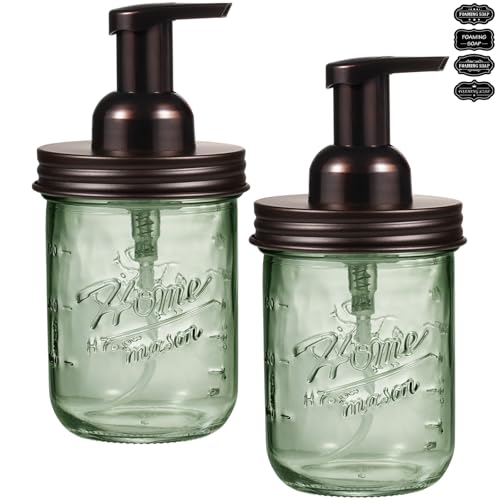 SheeChung Mason Jar Foaming Soap Dispenser, Stainless Steel Lid, BPA Free Pump, Green Glass Foam Hand Soap Dispenser, 16 Oz Refillable Liquid Foam Dispenser Bottle for Bathroom Kitchen-Bronze, 2 Pack - color: Wide Mouth, Bronze-2 Pack