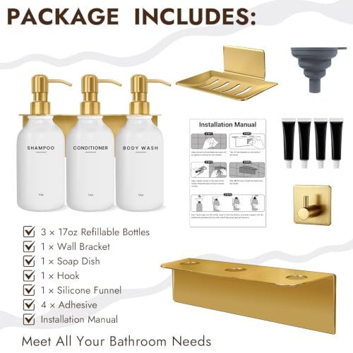 KOUCHU Shampoo and Conditioner Dispenser - Wall Mounted Shower Soap Dispenser - 17oz No-Drill Refillable Plastic Bottles with Stainless Steel Pump for Bathroom - Includes Soap Dish and Hook (Gold) - color: Gold