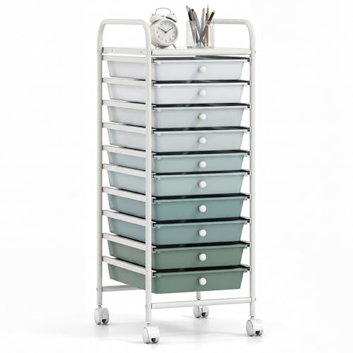 COSTWAY 10-Drawer Rolling Storage Cart, Utility Mobile Trolley with Removable Drawers & Universal Casters & 2 Brakes (Green Gradient,13"L x 15"W x 34"H (10 Drawer)) - color: Green Gradient, size: 13"L x 15"W x 34"H (10 Drawer)