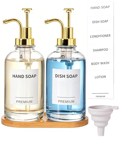 Dish Soap Dispenser for Kitchen, Hand Glass Soap Dispenser Set with Pump, Tray, Funnel for Bathroom, Shower, Laundry, Liquid, Lotion (Gold 2 Pack 18 Oz Clear Bottles with 12 Stickers) - color: Gold, size: 18Oz