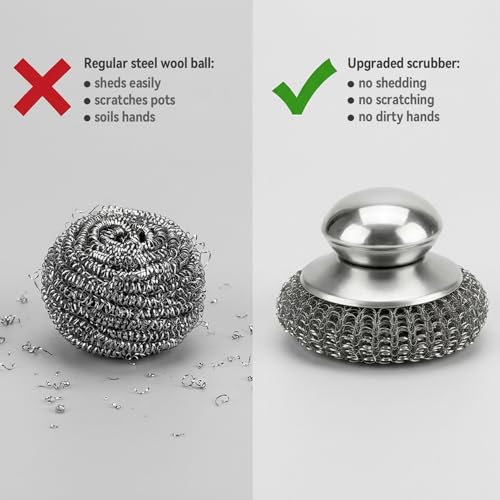 5 Pcs Steel Wool Scrubber with Handle: Stainless Steel Scrub Set for Cast Iron Scouring Stubborn Messes from Cast Iron, Pots, Pans, Grill, Stoves, Sink (1 Scrubber + 5 Pads)