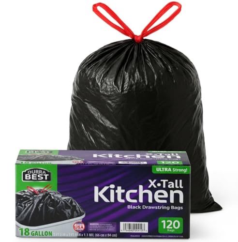 Heavy-Duty Trash Bags – 120 count, 18 Gallon Black, Ultra Thick Drawstring Garbage Bags – Leak-Resistant for Home & Commercial Use, Big Trash Bags, Made in USA - color: Black