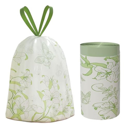 4 Gallon Trash Bags, Small Garbage Bags with Drawstring and Printed Lily Design, Tear-Free, Leakproof & Durable Small Trash Bags for Bathroom, Office, 50 Count - style: 4 Gallon Lily Trash Bags - 50 Counts