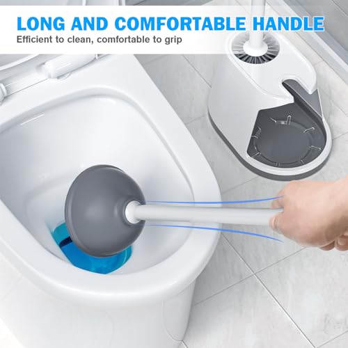Toilet Plunger and Brush Set, Silicone Bowl Brush and Heavy Duty Toilet Plunger with Ventilated Holder, 2-in-1 Toilet Brush and Plunger Combo for 5.3-inch Toilet Drain Bathroom Deeply Cleaning - color: White & Grey01