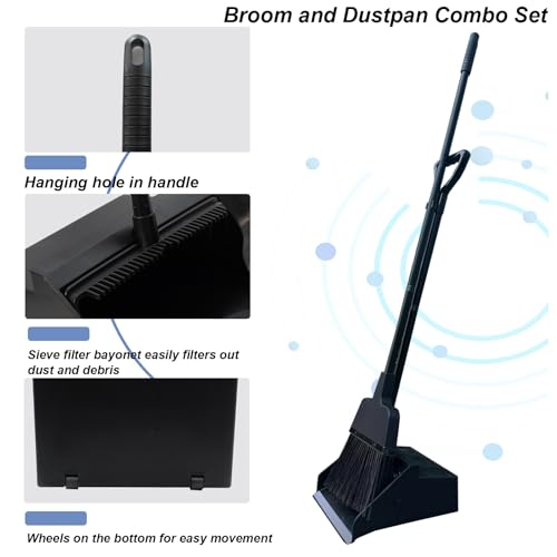 Broom with Dustpan Combo Set Outdoor Upright Dustpan and Broom Set with Long Handle Angle Broom and Dustpan Set for Garage Patio Courtyad Lobby Lawn Home Kitchen Ofiice