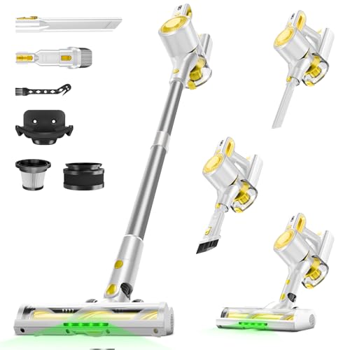 Cordless Vacuum Cleaner for Home, Powerful Stick Vacuum with Rechargeable Battery, Green Light Anti-Tangle Brush, 6-in-1 Lightweight Handheld Vacuum for Pet Hair, Hard Floor, Carpet, Yellow - color: Yellow