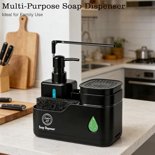 Kitchen Soap Dispenser Set (Black) – 4 in 1 Dual Pump Bottles with Sponge Caddy, Brush Holder, Towel Bar & Drain Rack – Space-Saving Countertop Organizer for Sink & Bathroom