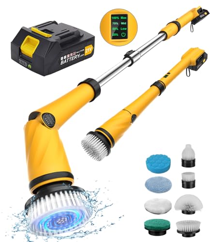 Qimedo Upgrade 1200 RPM Battery Electric Spin Scrubber, Highly Powerful Cordless Cleaning Brush with Smart Display, Electric Tile Floor Scrubber with 8 Brushes, Battery Powered Shower Scrubber