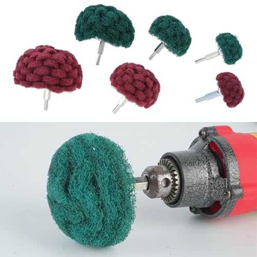 dophee 6Pcs Scouring Pads Non Woven Abrasive Drill Polishing Cleaning Kit 1/4" Shank Half Ball Shape Buffing Wheel, 3 120# Green and 3 400# Red - style: 120# 400#