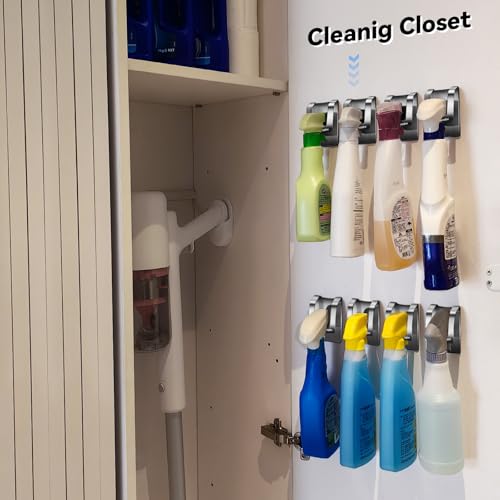KIHOGEM Spray Bottle Hanger, Adhesive Spray Bottle Hook Stainless Steel Spray Bottle Holder Wall Mount Non Drilling for Cabinet, Kitchen or Under Sink (4pcs) - color: Sliver