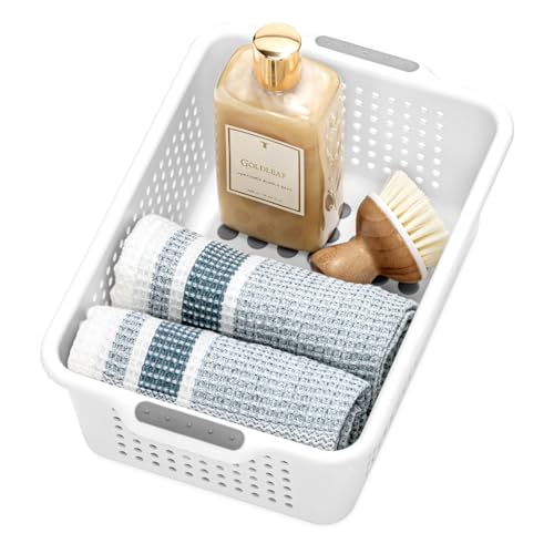 madesmart Small Storage Basket, Multipurpose Organizer with Soft-Grip Handles & Non-Slip Feet, Heavy-Duty Ventilated Design for Laundry, Bath & Kitchen, White, 12 x 8 x 4" - size: Small