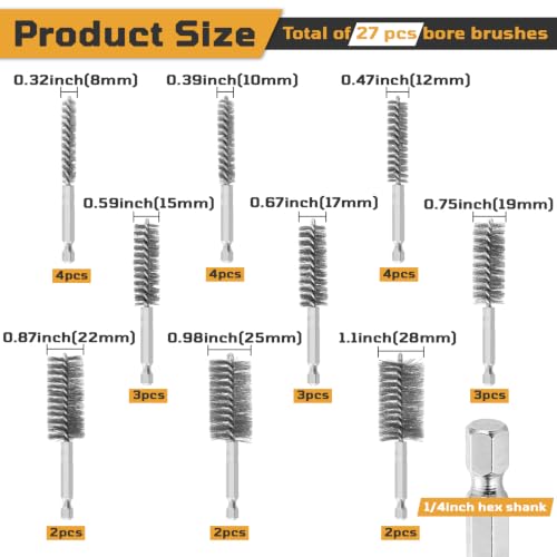 NOOTEASS 27 Pcs Stainless Steel Bore Brush Set, 5/16"-1-1/8" Metal Wire Cleaning Brushes with 1/4" Hex Shank, Abrasive Bore Cleaning Wire Brush for Drill Remove Rust Dirt Pipes Machinery Parts