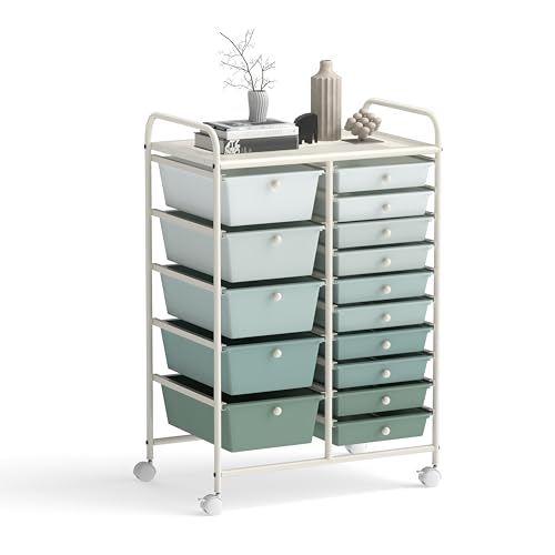 LDAILY 15 Drawer Rolling Storage Cart, Rolling Cart with Drawers for Classroom, Art Supply Craft Organizer on Wheel with Metal Frame & Handles for Home Office School (Gradient Green, 15 Drawer) - color: Gradient Green, size: 15 Drawer