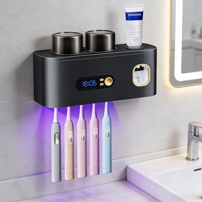 Toothbrush Sterilizer Holders,Smart Drying and Cleaning Wall Mounted Holder with Automatic Toothpaste Dispenser, 5 Brush Slots 2 Cups for Bathroom (Gray) - color: Gray