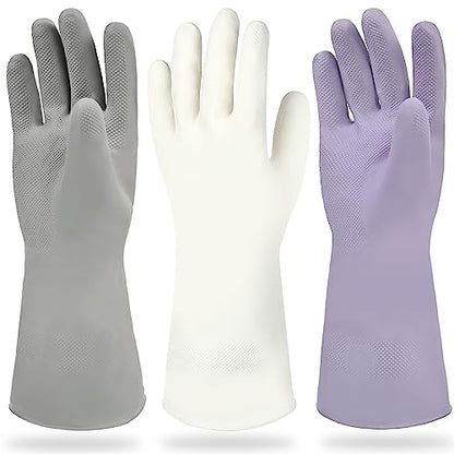Cleanbear Reusable Dish Washing Rubber Glove Set of 3, Household Cleaning Gloves for Washing - color: Lilac, Grey, White, size: Medium