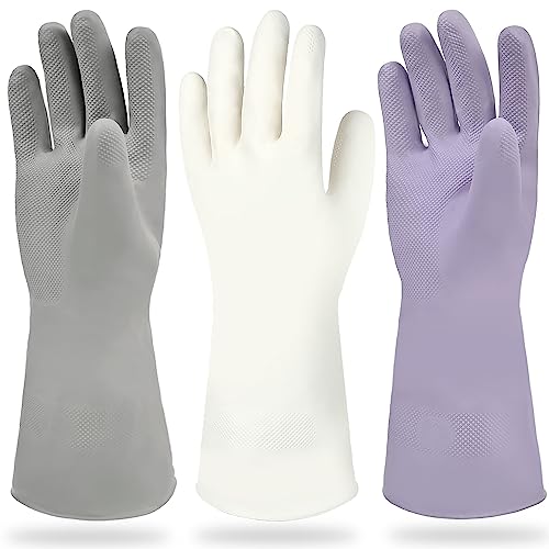 Cleanbear Reusable Dish Washing Rubber Glove Set of 3, Household Cleaning Gloves for Washing - color: Lilac, Grey, White, size: Medium