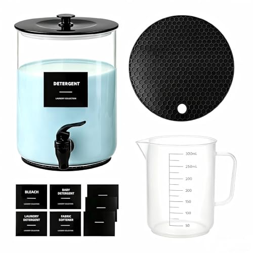 Glass Laundry Detergent Dispenser,1 Gallon Large Liquid Soap 1Pack(Black) | Complete borosilicate jars set with leakproof spigots, protective silicone mats, minimalist labels, and dosing cups. - color: Black-1