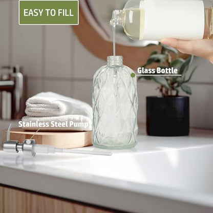 12Oz Clear Glass Soap Dispenser with Stainless Steel Pump, Diamond Design Refillable Kitchen Liquid Hand Soap Dispenser, for Dispense Hand soap, Dish Soap, Lotion, Bathroom, Countertop, Hotel - color: Clear a