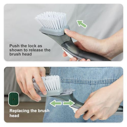 CQT Soap Dispensing Dish Brush Storage Set, Dish Scrubber with Handle, Kitchen Washing Brush for Pot Pan Sink Cleaning, Kitchen Brush with Holder and 1 Replaced Scouring Pad Head - color: Mintgreen