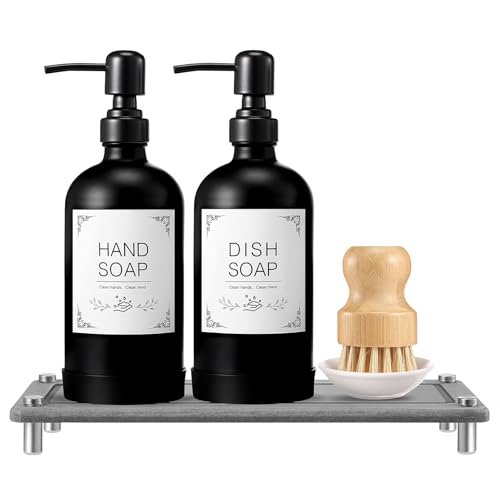 Dish Soap Dispenser Set for Kitchen 16oz Glass Bottle with Stainless Steel Pump, Instant Dry Tray, Perfect for Kitchen Decor and Bathroom Accessories, Women’s Gifts for Christmas - color: Black Bottle + Grey Tray