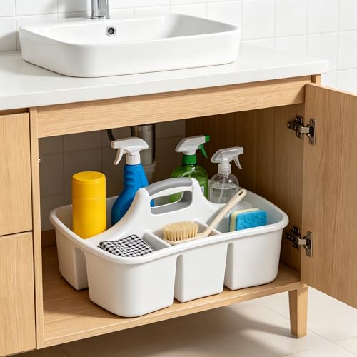 5 Gal Large Cleaning Caddy with Handle, White Plastic Cleaning Supplies Organizer with Compartments, Portable Shower Caddy for Dorm and Bathroom, Heavy Duty Utility Tote for Housekeeping
