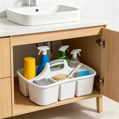 5 Gal Large Cleaning Caddy with Handle, White Plastic Cleaning Supplies Organizer with Compartments, Portable Shower Caddy for Dorm and Bathroom, Heavy Duty Utility Tote for Housekeeping