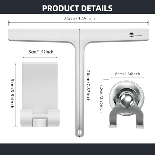 Upgraded 9 Inch Rounded Shower Squeegee with Hook & Suction Cup, Stainless Steel Core Silicone Blade, Streak-Free Wiper for Shower Doors, Windows, Mirrors, Tile & Household Cleaning (White) - size: Square Headed-9 inch（White）