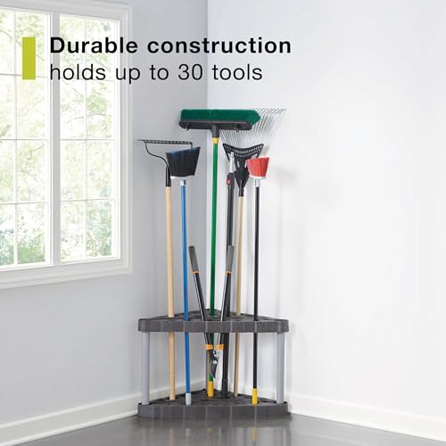Rubbermaid Plastic Garage Corner Tool Tower Rack, Easy to Assemble, Organizes up to 30 Long-Handled Tools/Rakes/ Brooms/Shovles for Home/House/Outdoor/Sheds - style: Corner Tower