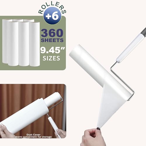 Large Lint Rollers for Pet Hair Extra Sticky, 9.45'' Long Handled Giant Lint Roller,6 Replaceable Rolls for Cleaning Carpets, Clothing, Couch, Furniture Wall Cleaner Mop Dust Remover - size: 1 Roller (Extendable Handle)+6 Refills