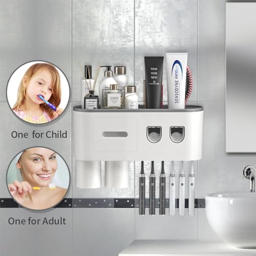 TuCao Toothbrush Holder Wall Mounted with Double Automatic Toothpaste Dispenser Squeezer Kit, 2/3/ Cups (Grey 2 Toothpaste Dispensers, 2 Cups)