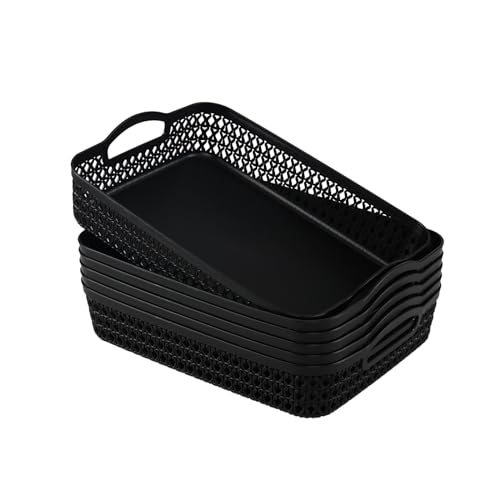 Set of 6 Large Plastic Storage Basket Tray, Black Shallow Paper Basket with Handle