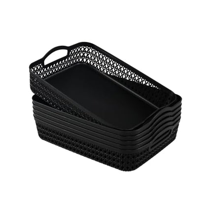 Set of 6 Large Plastic Storage Basket Tray, Black Shallow Paper Basket with Handle