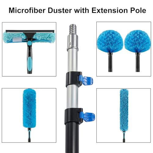 20 Foot High Ceiling Fan Duster with 5-12ft Extension Pole, Extendable Reusable Cobweb, Feather, Window Cleaning Squeegee Kit - size: 12ft