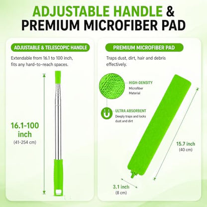 Retractable Gap Dust Cleaner with Extension Pole 30'' to 100'', Cleaning Tools with 3 Microfiber Dusting Cloths, Extendable Long Handle Duster for Cleaning Under Refrigerator Furniture Appliance Green - color: Green