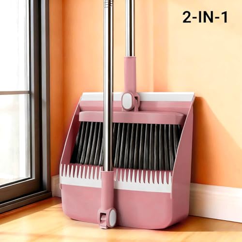 Broom and Dustpan Set, Long Handle Standing Broom with Self-Cleaning Comb Teeth, Heavy Duty Broom Dustpan Combo for Home Kitchen Office Floor Pet Hair Cleaning (Pink) - color: Pink