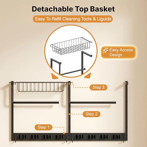 Broom Holder Wall Mount, Broom and Mop Organizer Wall Hanging with Paper Towel Holder & Removable Anti-fall Basket, Wall Mount Cleaning Supplies Organizer for Laundry Room, Apartment, Utility Room