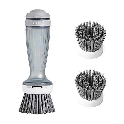 CQT Dish Brush with Soap Dispenser – One-Press Suds, Built-in Scrubbing Pad, Non-Slip Handle for Pots, Pans & Non-Stick Cookware – Includes 2 Refill Heads - color: Gray