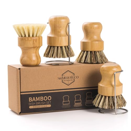 SAMEBUETCO 6-Piece Bamboo Dish Brush Set with 2 Stainless Steel Drying Racks, 3 Mixed Fiber Pot Brushes & 1 Sisal Bristle Brush for Dishes, Pots, Pans, Vegetables & Kitchen Cleaning