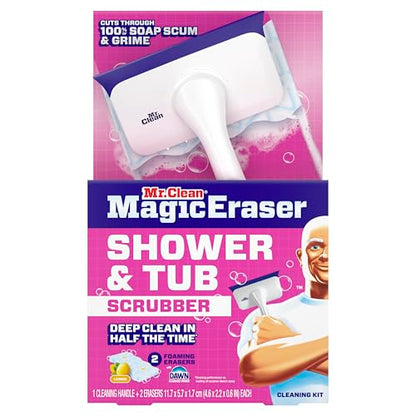 Mr. Clean Magic Eraser Shower & Tub Scrubber, Bathroom Cleaner, All in One Bathroom Cleaner, Lemon Starter Kit, 2 Scrubber, 5 Foaming Magic Erasers, 1 Whole Home Extra Durable Magic Eraser - size: 2 Devices + 6 Refills