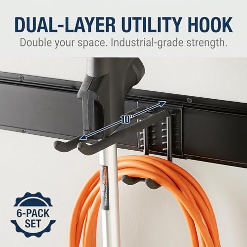 Aking Ace Garage Tool Organizer Wall Mount, 48-Inch Heavy Duty Garden Tool Rack for Shed, Holds 350lbs, Adjustable Storage Hanger for Shovel, Rake, and Power Tools - size: 3 Rail 6 Double Hooks