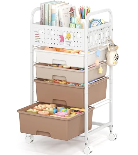 4 Drawer Rolling Storage Cart with Pegboard Top and Hooks, Mobile Organizer Cart with Wheels for Office Supplies, Craft Storage, Classroom Organization, Home Utility Cart, Brown - color: Brown, size: 4-Drawers