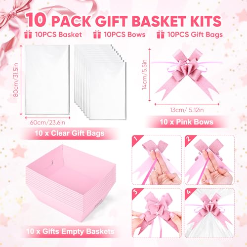 AFOROEOA 10PACK Pink Baskets For Gifts Empty, 10x12” Thick Gift Basket with 10 Bows 10 Bags Empty Gift Baskets for Christmas, Valentine’s Day, Easter, Birthdays, Valentine’s Day Wrapping Gift - color: 10 Pink