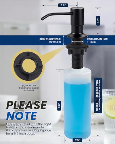 Built in Kitchen Sink Soap Dispenser: Stainless Steel Pump Head with 17 Ounce Large Soap Bottle, Easy Top Refill Design – No Bending Down for Countertop, Matte Black - color: Matte Black