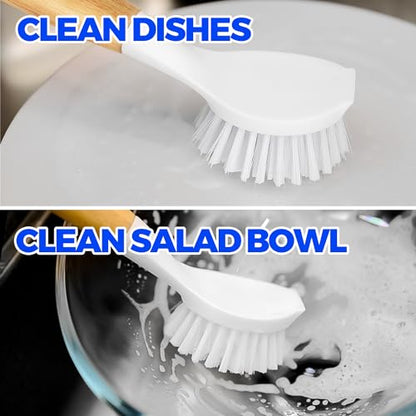 Holikme 3 Pack Dish Brush Set with Bamboo Handle, Kitchen Cleaner for Cleaning Pasta Plate, Salad Bowl, Scrubber with Soft Bristles, White - color: White