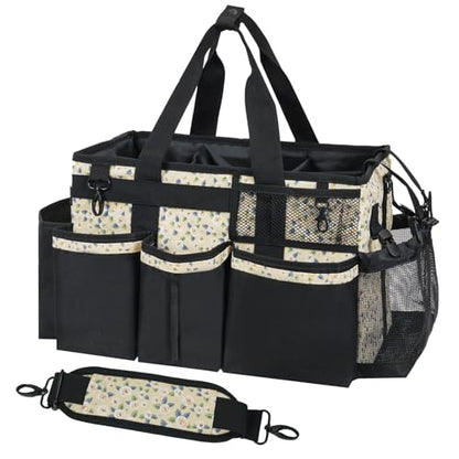 SCAVATA Wearable Cleaning Caddy, Cleaning Caddy Supplies Organizer with Handle & Shoulder Straps for Housekeepers, Under Sink & Car Cleaning Tool Organizers Bag with 4 Foldable Divider (YellowFlower) - color: YellowFlower