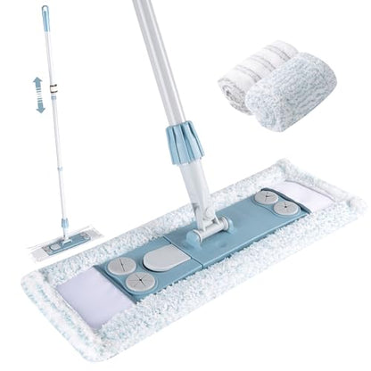 Homilifibra Dust Mop for Floor Cleaning,Magnetic Floor Flat Mop with 2 Washable Pads -Extendable 64‘’ Iron Handle for Hardwood Tile Marble Laminate Floors,Blue&Gray