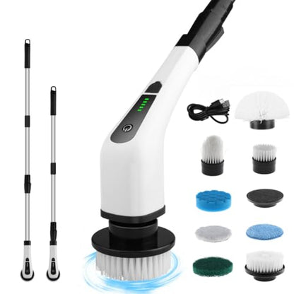 Electric Spin Scrubber, Cordless Cleaning Brush with 8 Replaceable Heads, Adjustable Handle, Dual Speed Power Scrubber for Bathroom, Bathtub, Floor, Tile, and Kitchen Cleaning