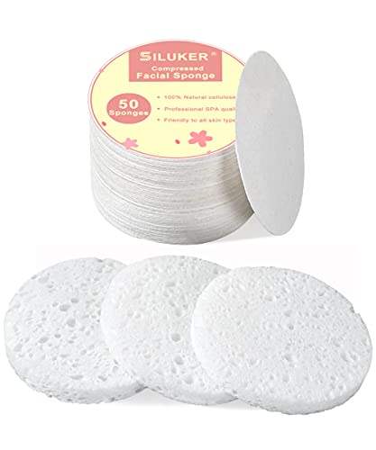 50-Count Compressed Facial Sponges for Daily Cleansing and Gentle Exfoliating, 100% Natural Cellulose Spa Sponge Perfect for Removing Dead Skin, Dirt and Makeup - color: White